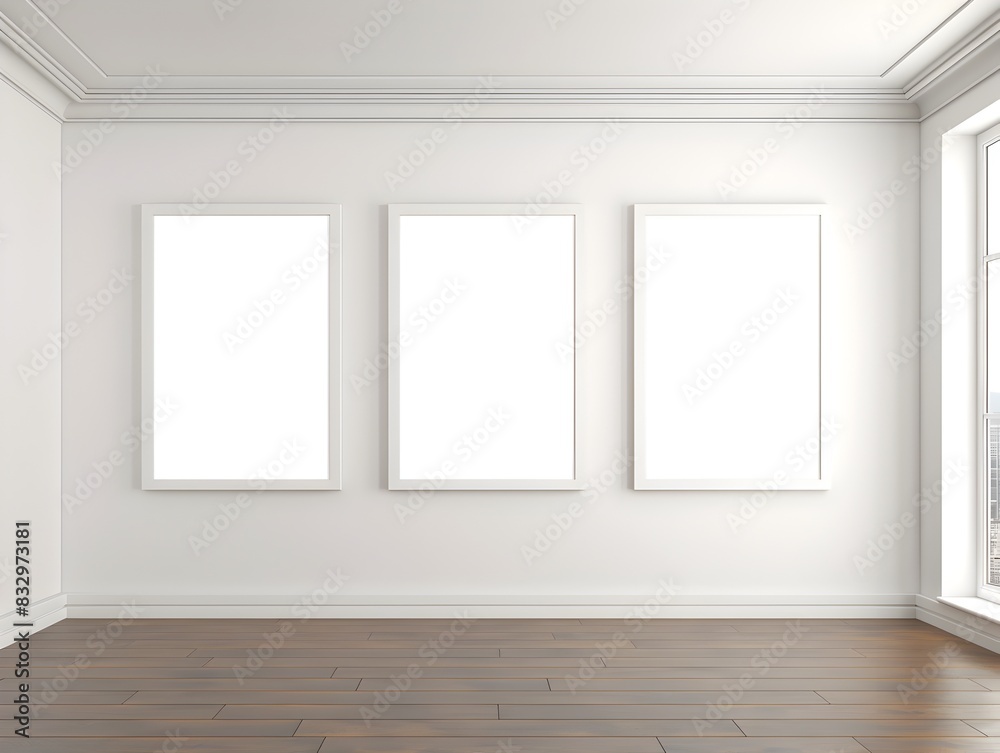 Elegant Empty Room with Three Blank Picture Frames and Bright Sunlight Elegant Empty Room with Three Blank Picture Frames and Bright Sunlight