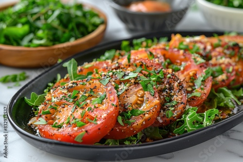 Black Bowl Filled With Sliced Tomatoes and Greens