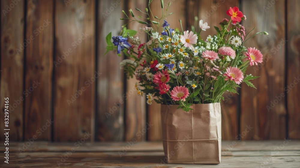 Fototapeta premium Against a rustic backdrop, a paper bag filled with freshly picked flowers adds a touch of charm to a country-style setting.