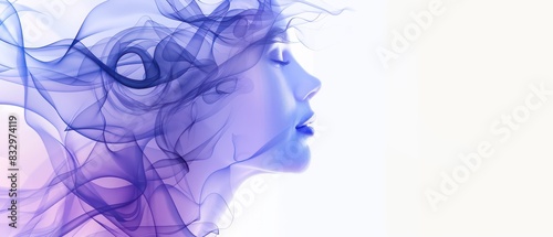 minimal abstract wallpaper with a figure and smoke waves in blue and purple on a white background