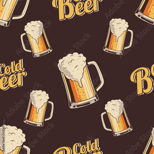 cold beer mug vintage seamless pattern, retro style vector illustration