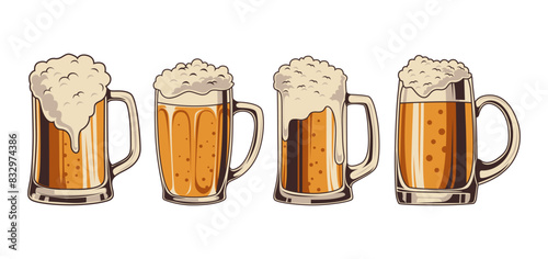 set of beer mugs of foamy fresh drink in vintage style isolated on white background