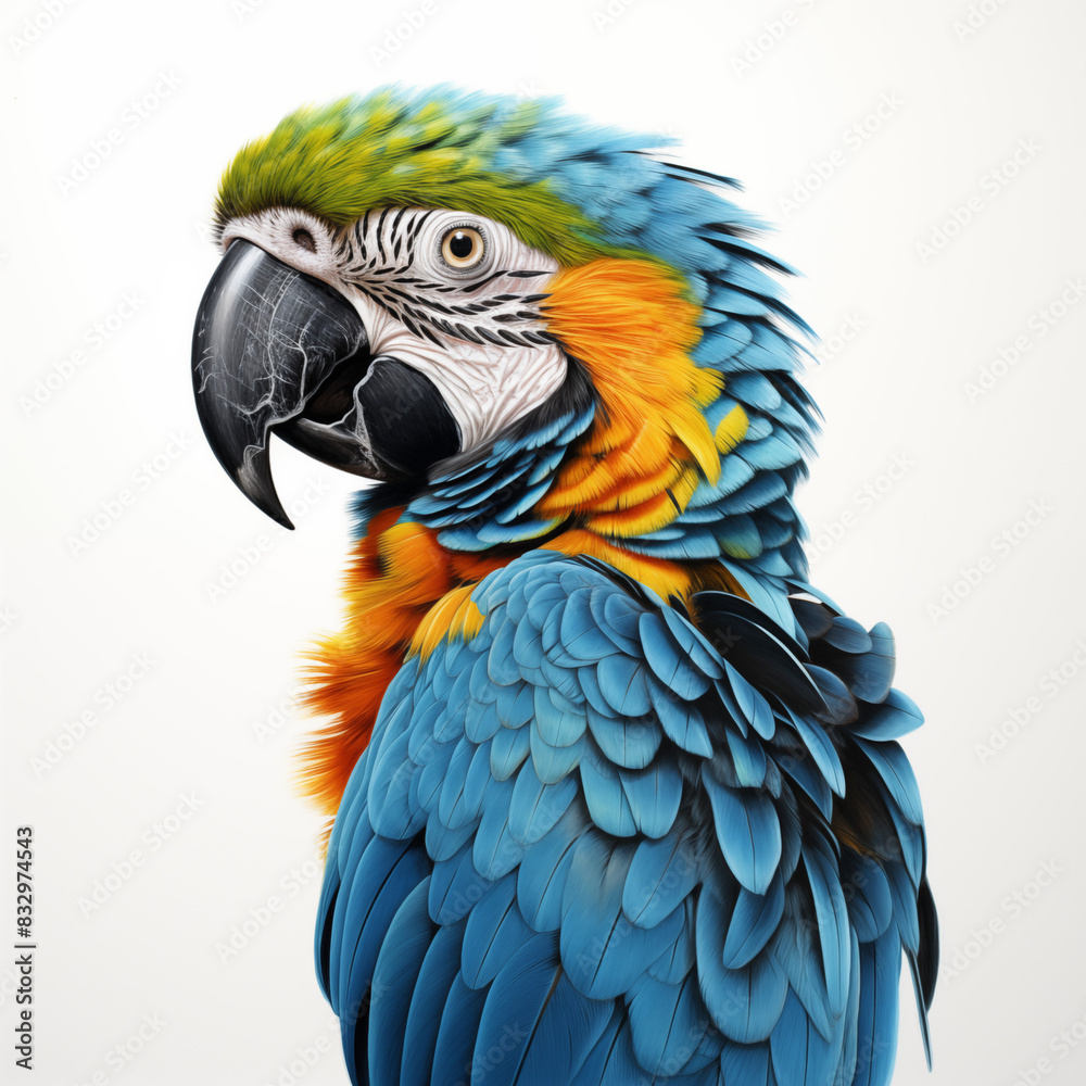 Beautiful and colorful solitary parrot. on a white background