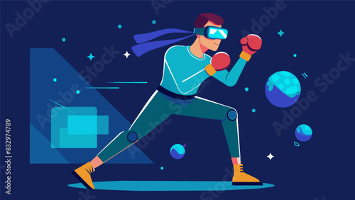 An athlete using a VR headset and handtracking technology to practice their reflexes and agility with the help of a virtual sparring partner.. Vector illustration