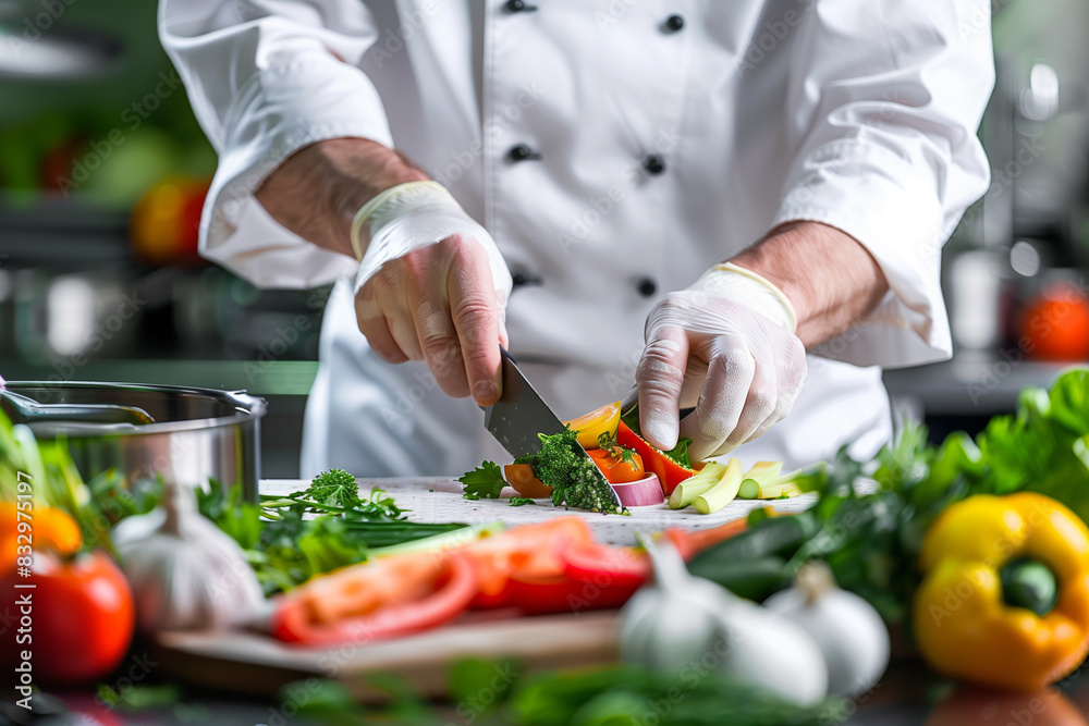 closeup Chef Slicing vegetables on the table closeup Chef Slicing vegetables on the table