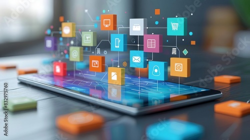 Digital Collaboration Tools Icons of a tablet or smartphone showing collaborative apps like shared documents or messaging