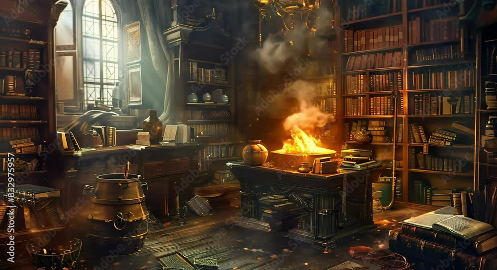 A wizard’s study room filled with ancient books, magical scrolls, and a bubbling cauldron made with Ai generative technology A wizard’s study room filled with ancient books, magical scrolls, and a bubbling cauldron made with Ai generative technology