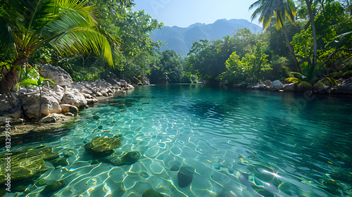 A serene nature lagoon with crystal-clear turquoise water and lush vegetation surrounding it