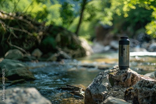 Refreshing Break: A Thermos Filled with Fresh Water Resting on a Large Rock by a Clear Water Spring on a Serene Summer Day Through the Forest.