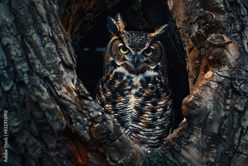 A Great Horned owl perched on a hollow tree trunk, its large eyes focused intently on the night scene. Capture the owl's sharp features and the textured bark of the tree. © crescent