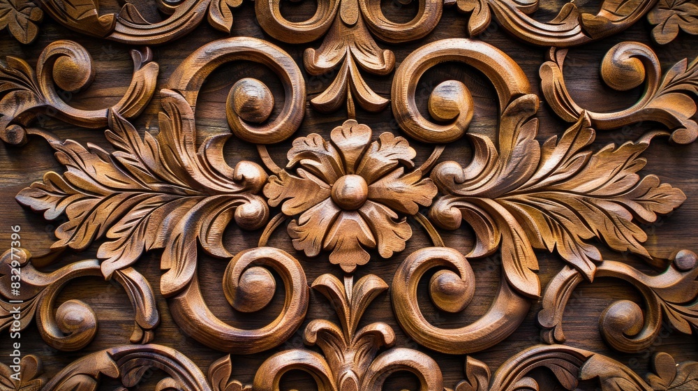 Wood carving pattern on a wooden background
