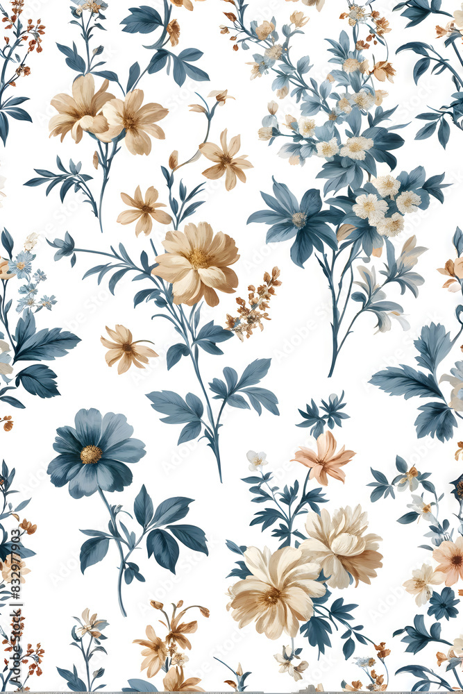 Fototapeta premium Toile De Jouy Vintage Floral Seamless Pattern Elegant Vector Graphics 13 Featuring delicate florals, wildflowers, and romantic motifs, this seamless pattern is crafted to perfection.