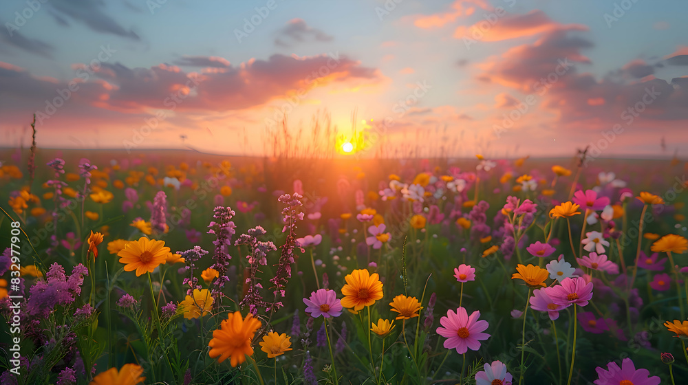 A serene nature moor scene with wildflowers in full bloom, the vast landscape stretching out in the background