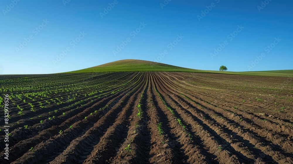 A peaceful field - rows of freshly ploughed earth, carefully prepared for planting next season's crop, symbolising the promise of growth and the cyclical nature of agricultural life. A peaceful field - rows of freshly ploughed earth, carefully prepared for planting next season's crop, symbolising the promise of growth and the cyclical nature of agricultural life.