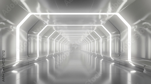 White Futuristic Tunnel with Neon Lights for Sci-Fi and Technology © Yuki