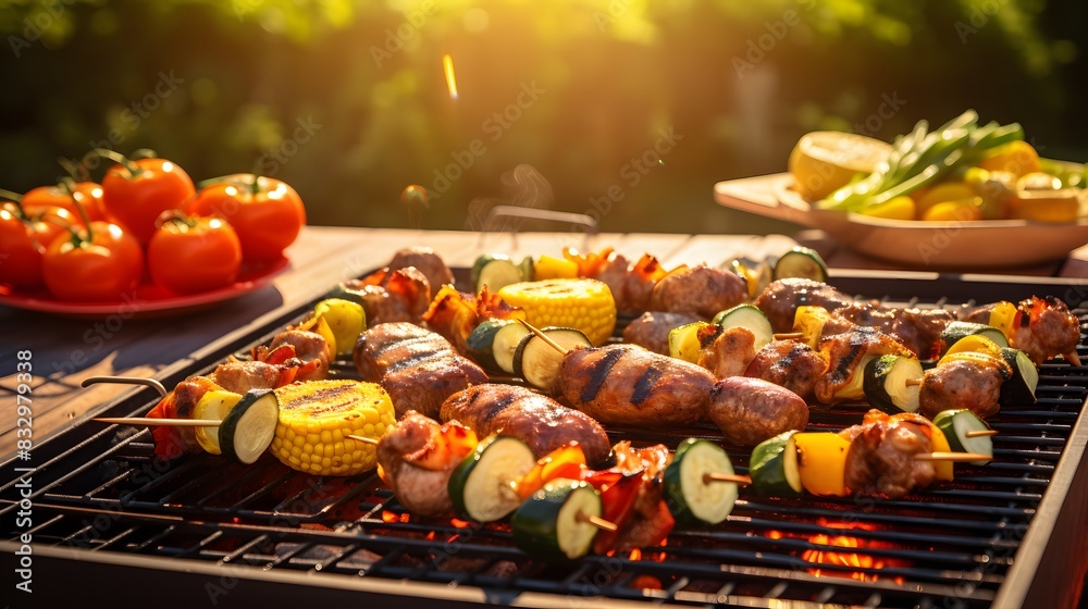 Sunny backyard barbecue with a variety of delicious food on the grill
