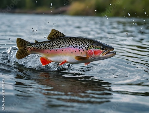 A rainbow trout fish jumping up from the water. Trout fish background.