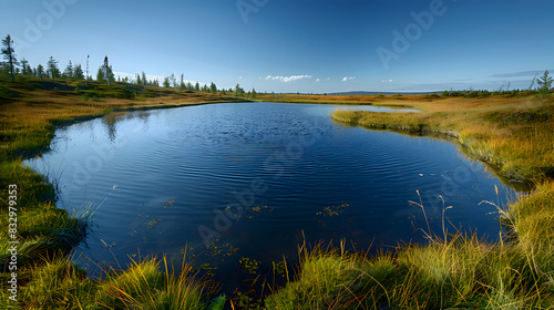 A serene nature peatland with pools of dark water surrounded by lush grasses and mosses  the sky clear and blue above