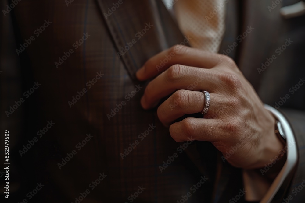 Groom's Attire: A Man Modeling a Classic Wedding Suit with a Dapper Tie and Ring, Embodying Sophistication and Style for the Big Day.