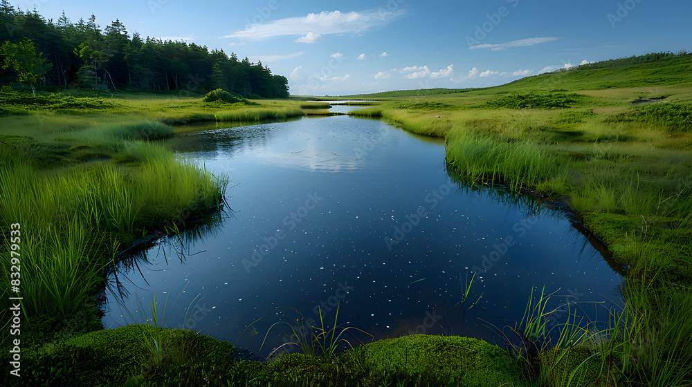 A serene nature peatland with pools of dark water surrounded by lush grasses and mosses, the sky clear and blue above