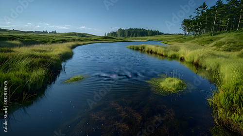 A serene nature peatland with pools of dark water surrounded by lush grasses and mosses  the sky clear and blue above