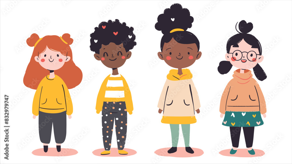 4 multiracial teenage girls wearing yellow & orange jacket with polkadot pants green pants black pants 4 multiracial teenage girls wearing yellow & orange jacket with polkadot pants green pants black pants