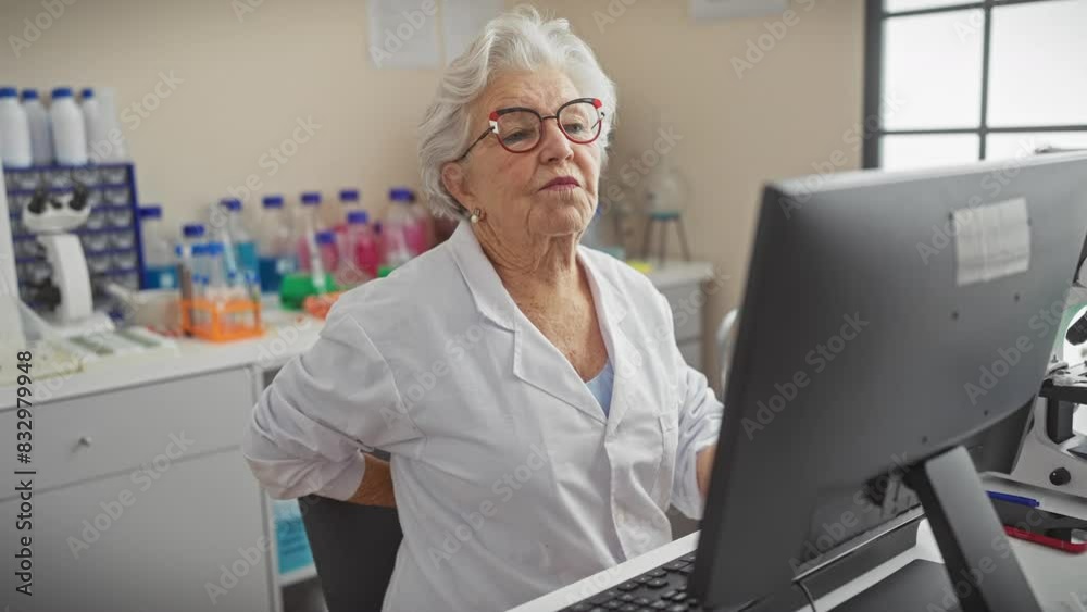 A senior woman in a white lab coat experiencing back pain while working at a computer in a laboratory setting.