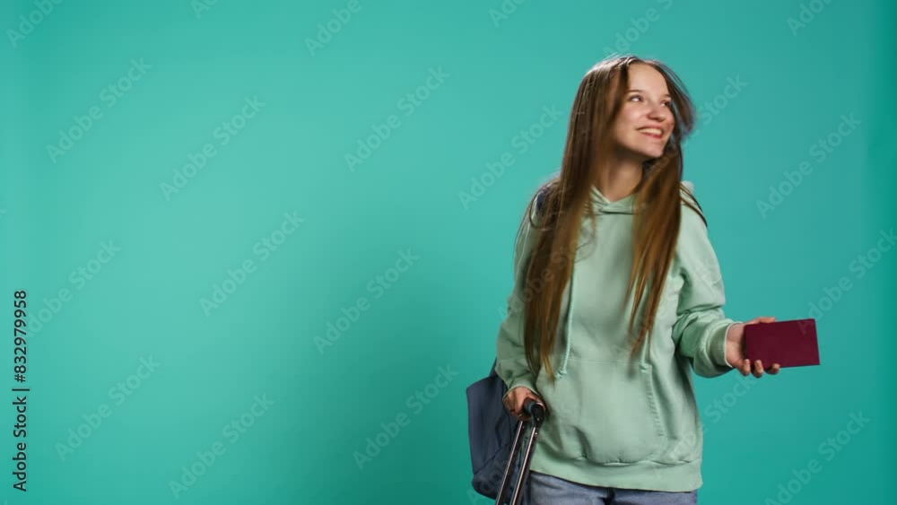 Joyous young traveler holding passport, going on vacation, looking around after arriving in new place. Happy girl travelling, sightseeing, visiting attractions, studio background, camera B Joyous young traveler holding passport, going on vacation, looking around after arriving in new place. Happy girl travelling, sightseeing, visiting attractions, studio background, camera B