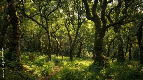 An ancient forest full of oak and chestnut trees alongside dense vegetation near Lugo Galicia