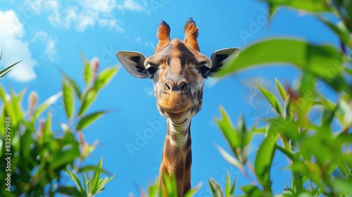 Rothschild giraffe facing forward with greenery and sky in the background Room for text photo