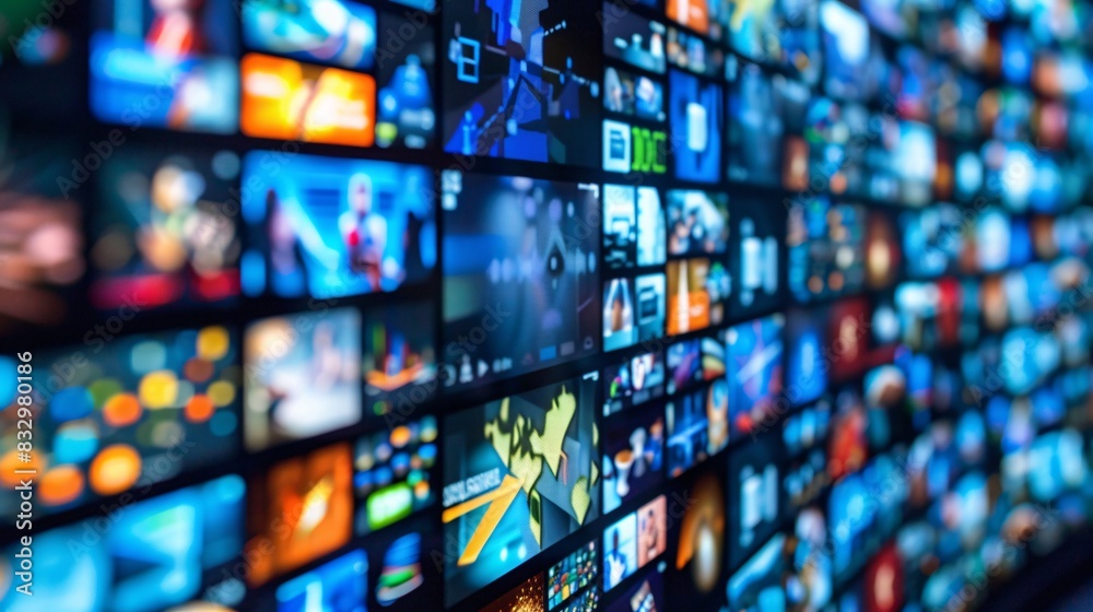 interior of an empty room with many screens on the wall. interior of an empty room with many screens on the wall.