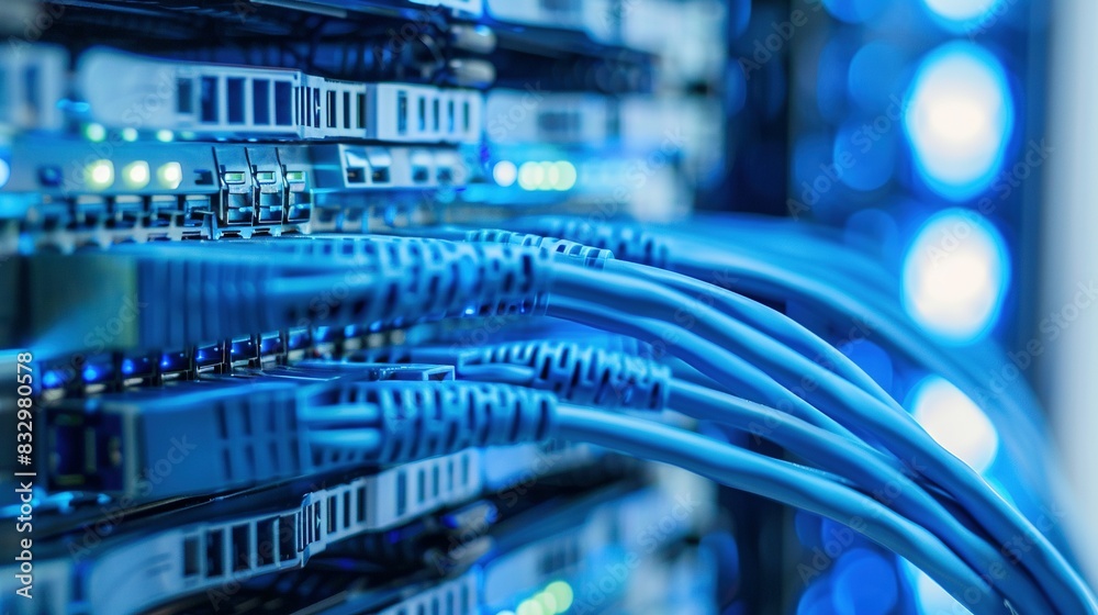 Close-Up of Blue Cable Connected to Network Switch Close-Up of Blue Cable Connected to Network Switch