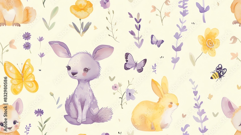 custom made wallpaper toronto digitalseamless pattern flat watercolor animals in light pinks and yellows with rabbits and birds
