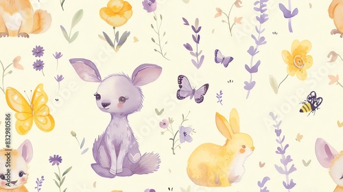Wallpaper Mural seamless pattern flat watercolor animals in light pinks and yellows with rabbits and birds Torontodigital.ca