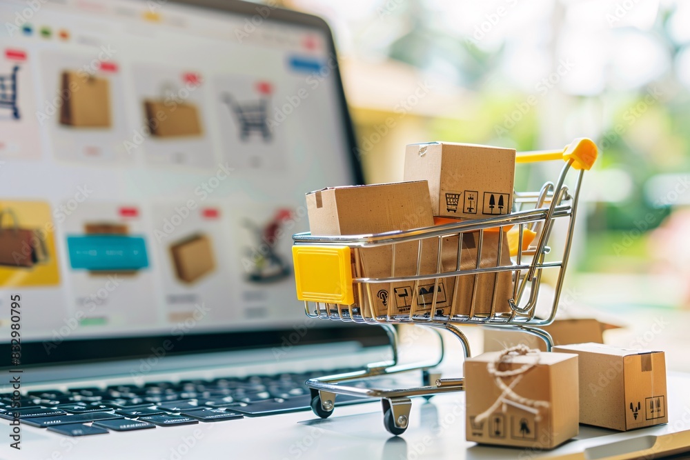 Shopping cart with boxes on laptop. Online shopping concept. Shopping cart with boxes on laptop. Online shopping concept.