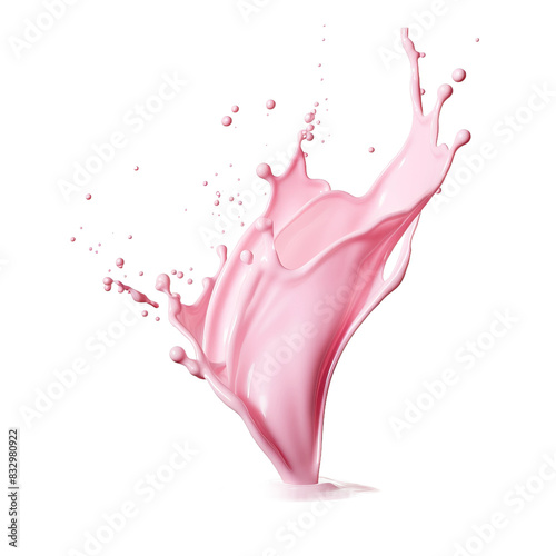 
a smooth drop splash of pink flavoured milk with less droplets on an isolated white background
