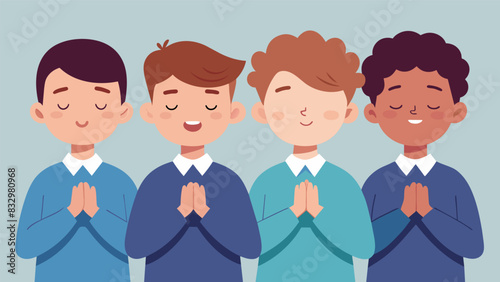 With eyes closed and hands clasped the choir boys offer a heartfelt prayer before continuing their rehearsal grateful for the opportunity to share. Vector illustration