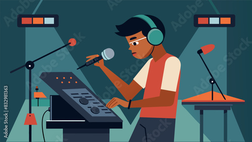 The drum solo during worship is perfectly captured by the sound booth operator who skillfully adjusts microphone levels to amplify each beat.. Vector illustration photo