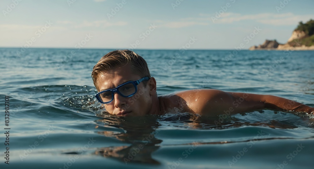 young guy swimming on beach background