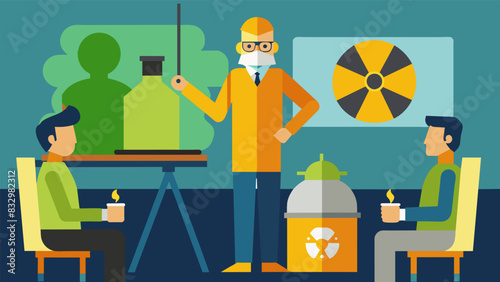 The nuclear engineer gives a training session on proper handling and storage procedures for fuel rods to new employees.. Vector illustration