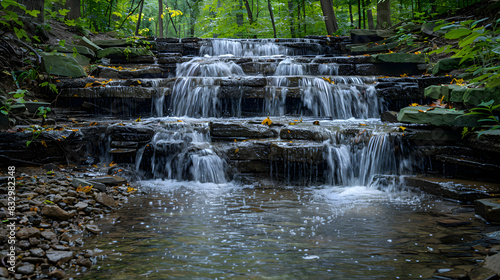 A serene nature ravine scene with a waterfall cascading down the cliffs  the stream flowing below