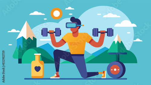 A solo traveler taking a break from sightseeing to do some strength training guided by a virtual personal trainer in their VR headset.. Vector illustration