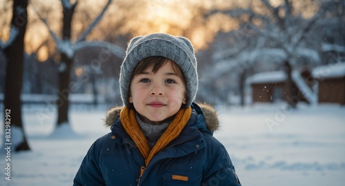 young kid playing on winter park background