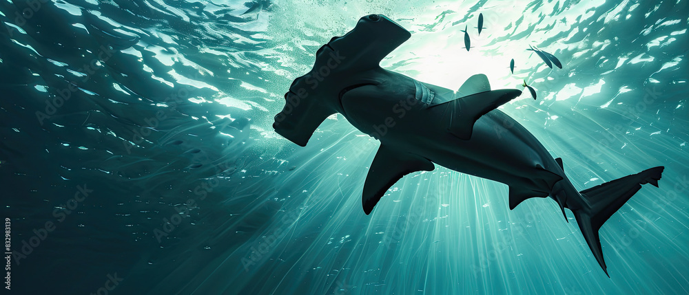 Hammerhead shark silhouette with sunlight rays piercing the ocean surface.