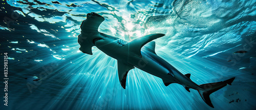 A hammerhead shark silhouetted against the ocean surface with sunlight rays.