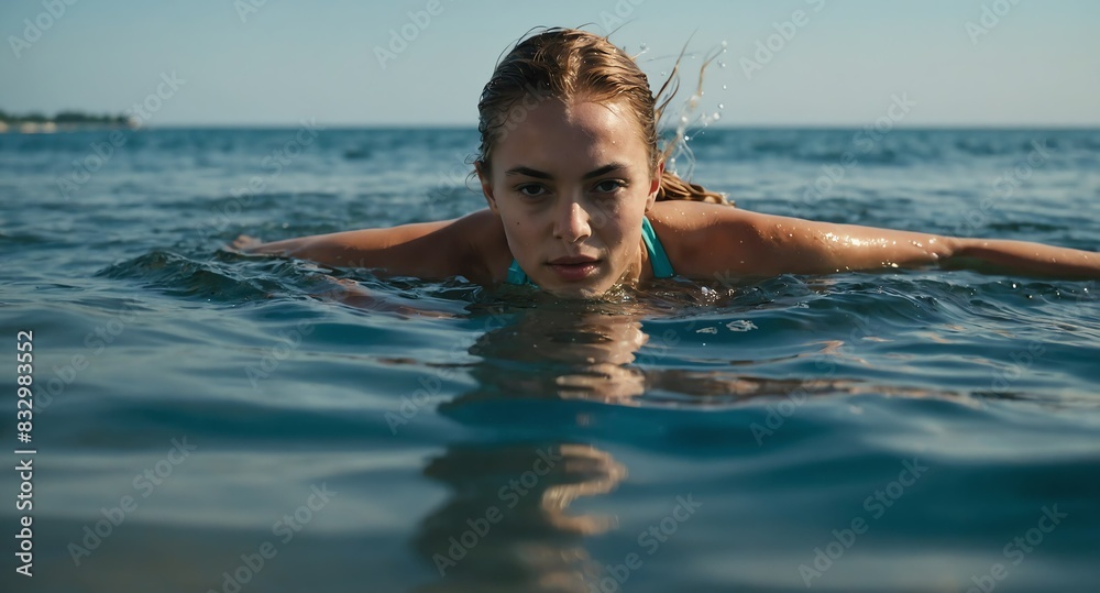young woman swimming on beach background