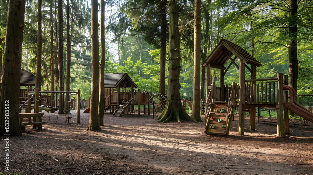 A woodland playground surrounded by tall trees, with natural wooden structures blending harmoniously with the forest setting A woodland playground surrounded by tall trees, with natural wooden structures blending harmoniously with the forest setting