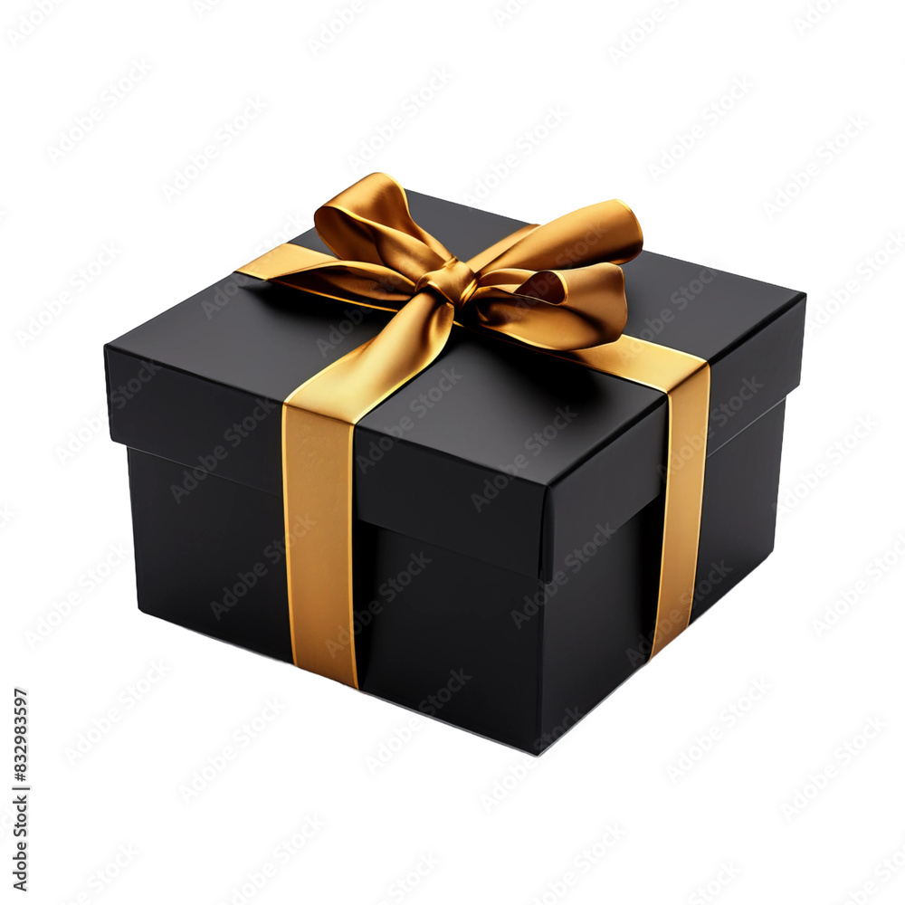 black gift box with gold ribbon wrapped bow on an isolated white background