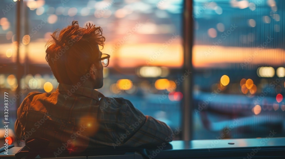 Passenger Sitting Near Large Window at Airport Watching Planes Take Off Concept Emphasizing Travel Experience with Blurry Terminal Background. Passenger Sitting Near Large Window at Airport Watching Planes Take Off Concept Emphasizing Travel Experience with Blurry Terminal Background.