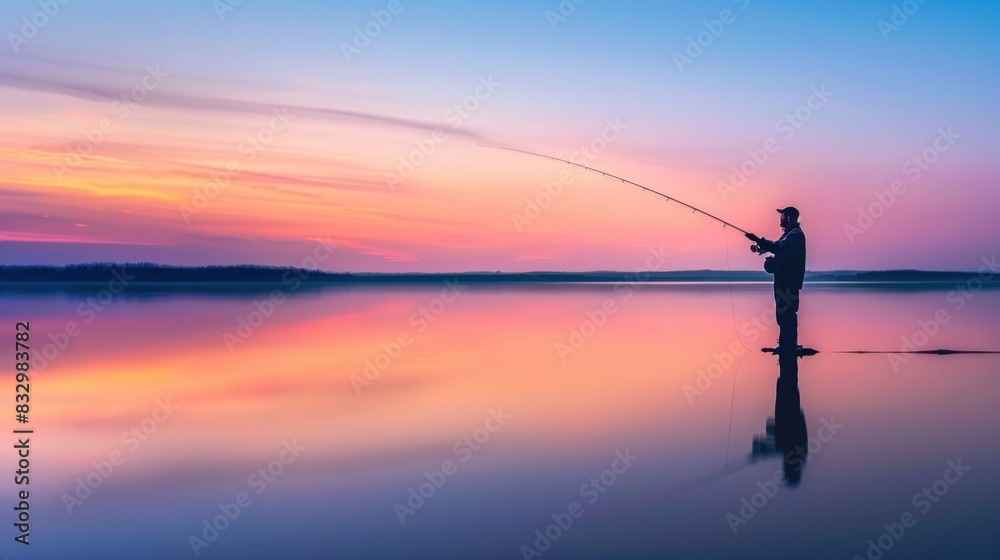 Peaceful Fishing Scene at Sunset with Angler in Silhouette Concept Calm Water and Colorful Sky Copyspace. Peaceful Fishing Scene at Sunset with Angler in Silhouette Concept Calm Water and Colorful Sky Copyspace.